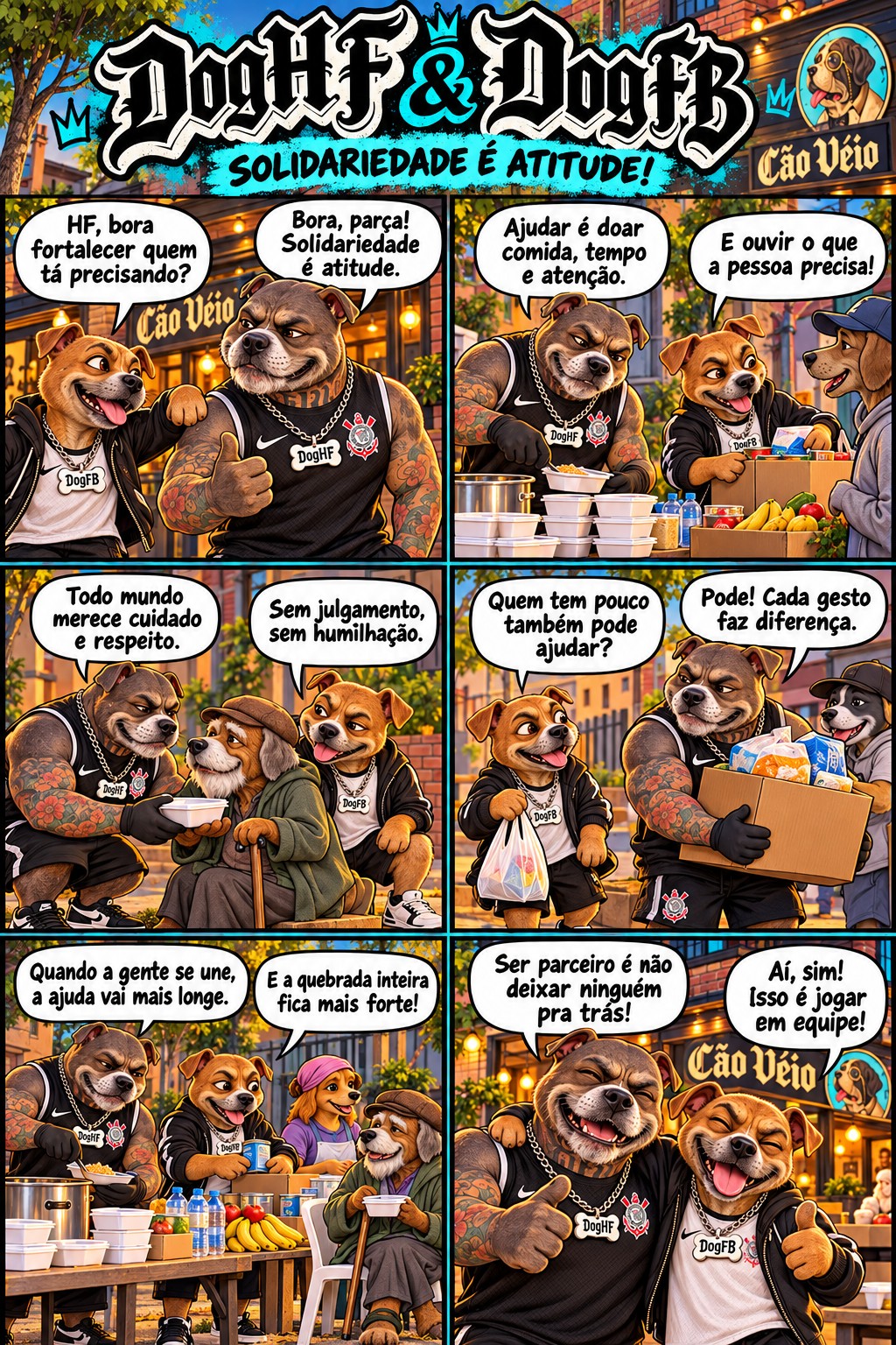 Quadrinho de DogHF e DogFB: ajudar é doar comida, tempo e atenção, ouvir o que a pessoa precisa, sem julgamento e sem humilhação. A união fortalece a comunidade.